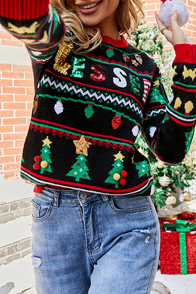 EB | Lässige Buchstaben Weihnachtsbaum Druck Pailletten Split Joint O Hals Tops