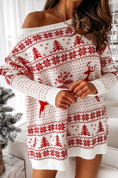 EB | Lässige Wapiti Schneeflocken Weihnachtsbaum Gedruckte Patchwork Kontrast O-Ausschnitt Kleider Pullover