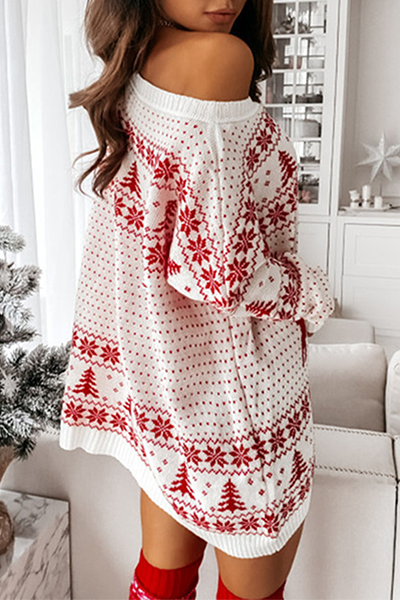 EB | Lässige Wapiti Schneeflocken Weihnachtsbaum Gedruckte Patchwork Kontrast O-Ausschnitt Kleider Pullover