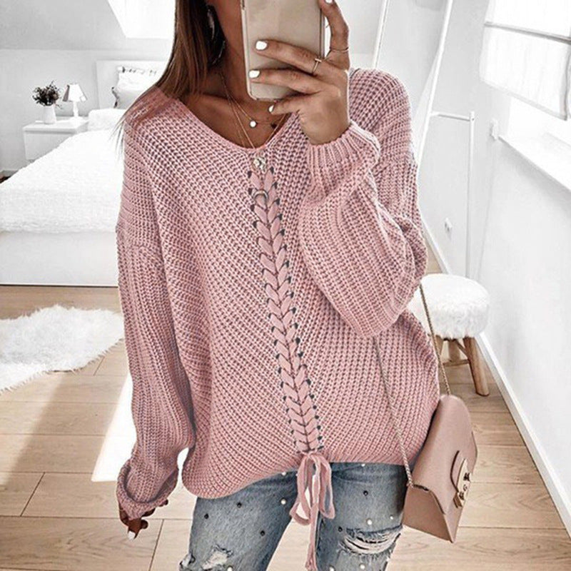 Damen Grobstrickpullover mit romantischen Schnürdetails und lässigem Schnitt EB