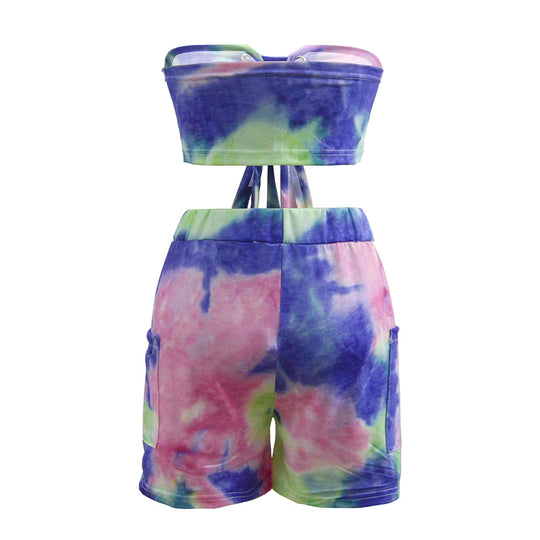 Damen Crop-Top und Shorts Set mit Schnürung und verspieltem Design EB