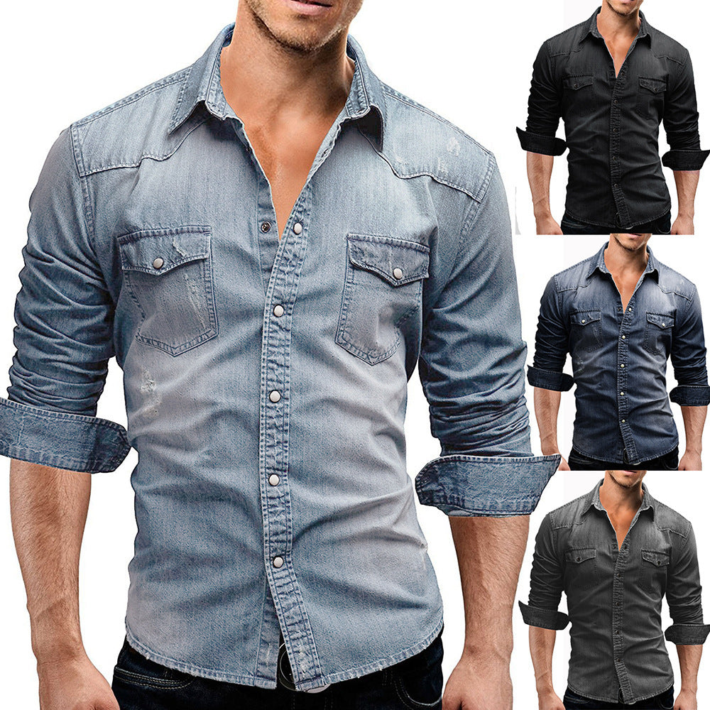 Herren nan locker geschnittenes Jeansstoff-Overshirt mit Pattentaschen und abgerundetem Saum EB