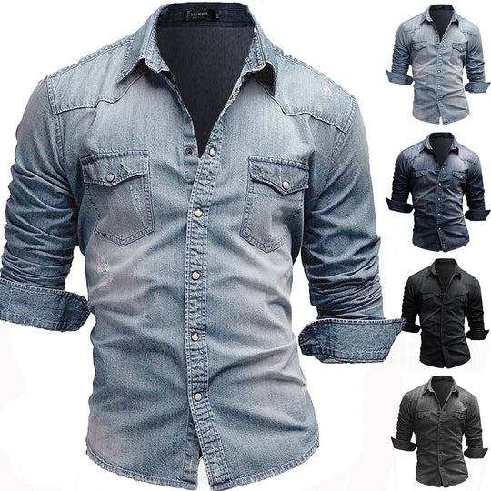 Herren nan locker geschnittenes Jeansstoff-Overshirt mit Pattentaschen und abgerundetem Saum EB