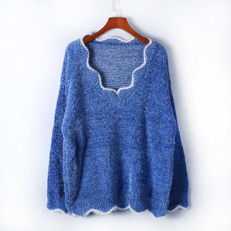 Damen kuscheliger Strickpullover mit tiefem V-Ausschnitt und gewellten Abschlüssen EB