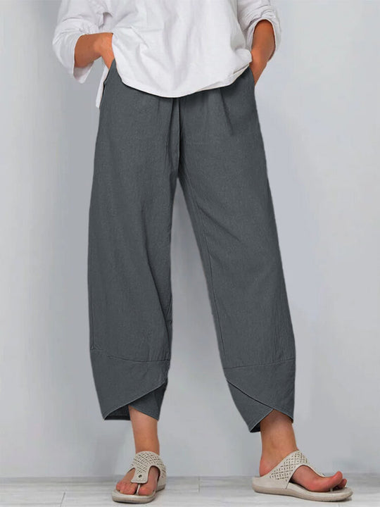 Damen nan weit geschnittene Leinenhose mit Tulpen-Saum und elastischem Bund EB