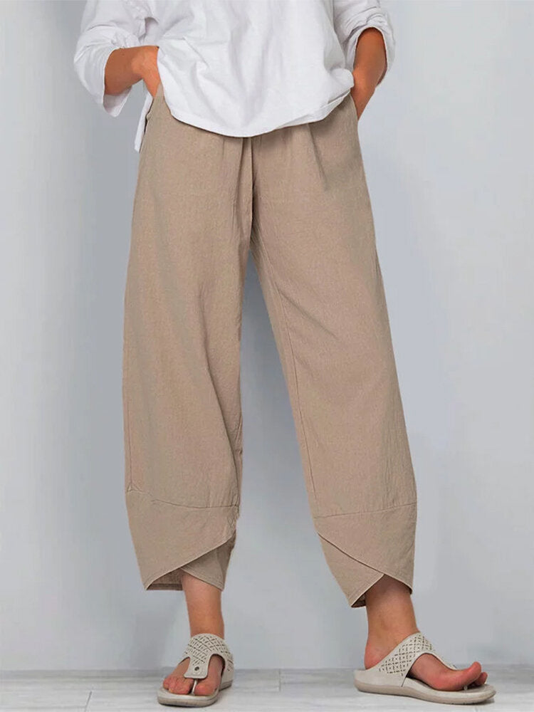 Damen nan weit geschnittene Leinenhose mit Tulpen-Saum und elastischem Bund EB