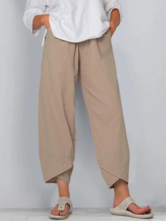 Damen nan weit geschnittene Leinenhose mit Tulpen-Saum und elastischem Bund EB