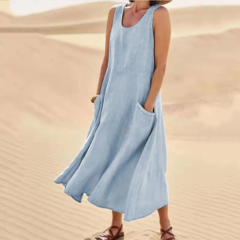 EB - Leinen-Baumwoll-Ärmelloses Kleid für Frauen
