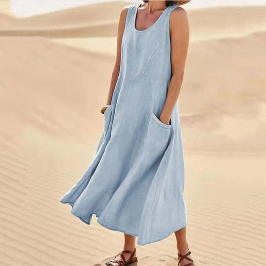 EB - Leinen-Baumwoll-Ärmelloses Kleid für Frauen