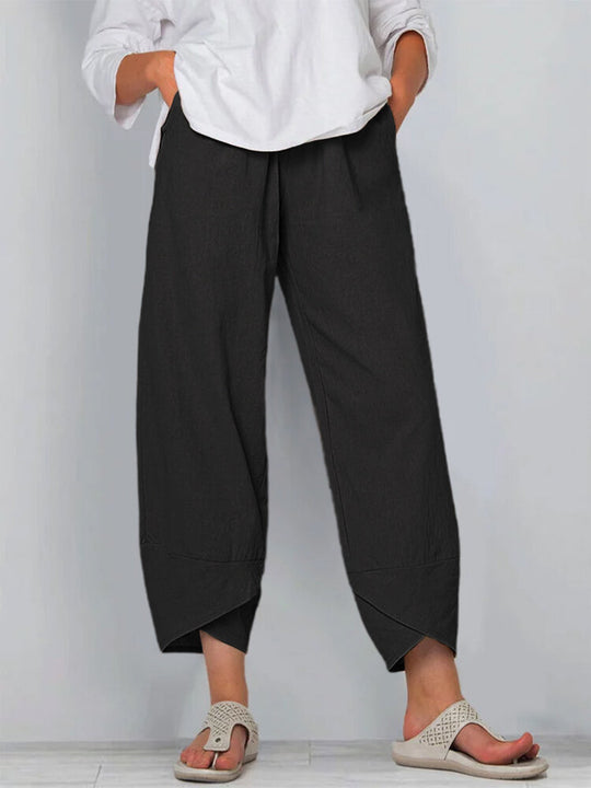 Damen nan weit geschnittene Leinenhose mit Tulpen-Saum und elastischem Bund EB