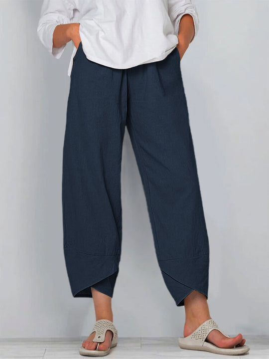 Damen nan weit geschnittene Leinenhose mit Tulpen-Saum und elastischem Bund EB