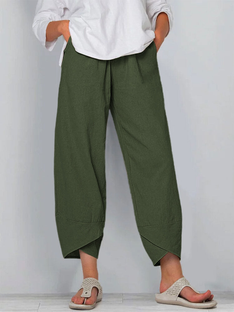 Damen nan weit geschnittene Leinenhose mit Tulpen-Saum und elastischem Bund EB