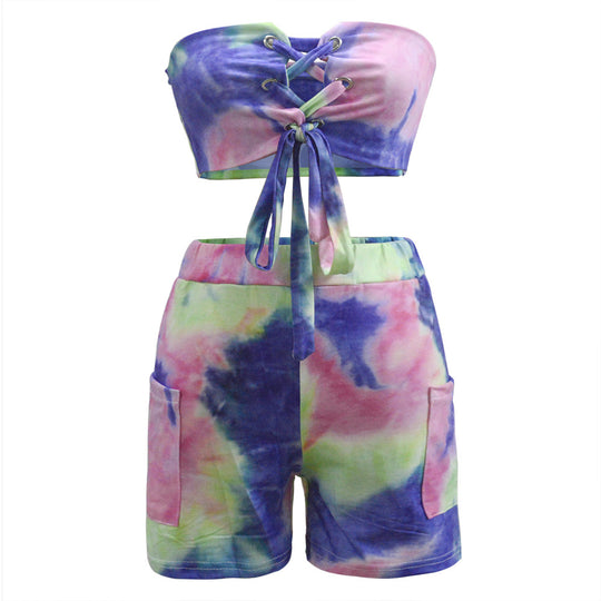 Damen Crop-Top und Shorts Set mit Schnürung und verspieltem Design EB