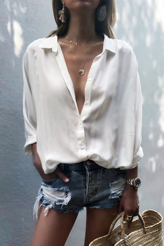 EB | Lässiges Einfarbiges Patchwork Umgeschlagenes Kragen Top