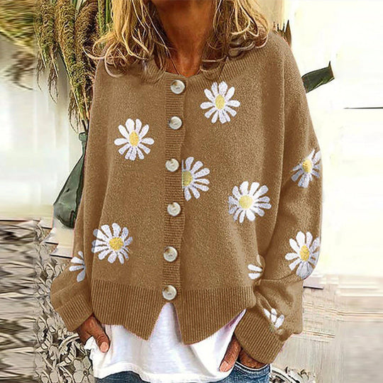 EB | Strickjacke - Damen Herbst Blumen Knopf-Überzieh Strickjacke