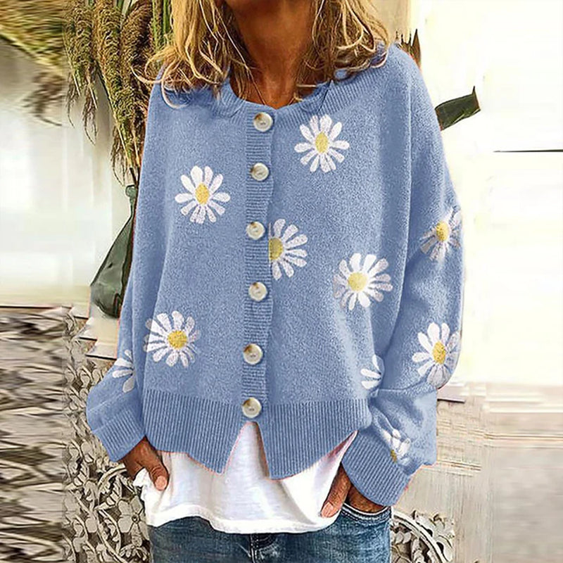 EB | Strickjacke - Damen Herbst Blumen Knopf-Überzieh Strickjacke