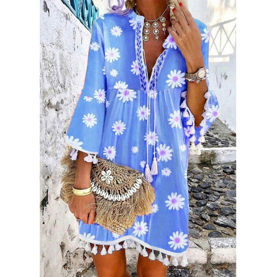 Damen Strandkleid mit floralen Motiven und Quastenverzierungen EB