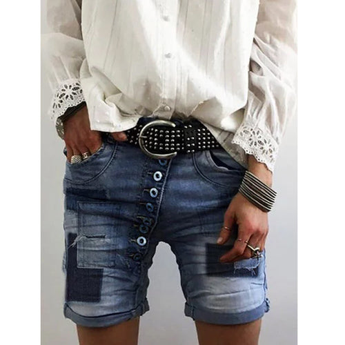 Damen Destroyed Denim-Shorts mit Knopfleiste EB