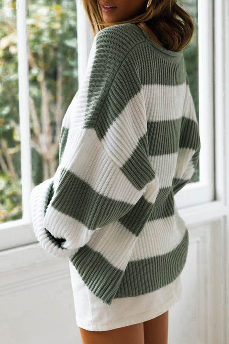EB | Modische süße gestreifte Kontrast-O-Ausschnitt Pullover