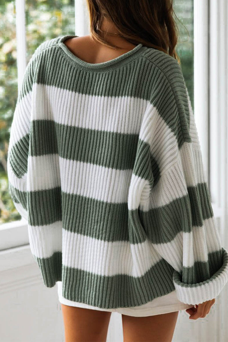 EB | Modische süße gestreifte Kontrast-O-Ausschnitt Pullover