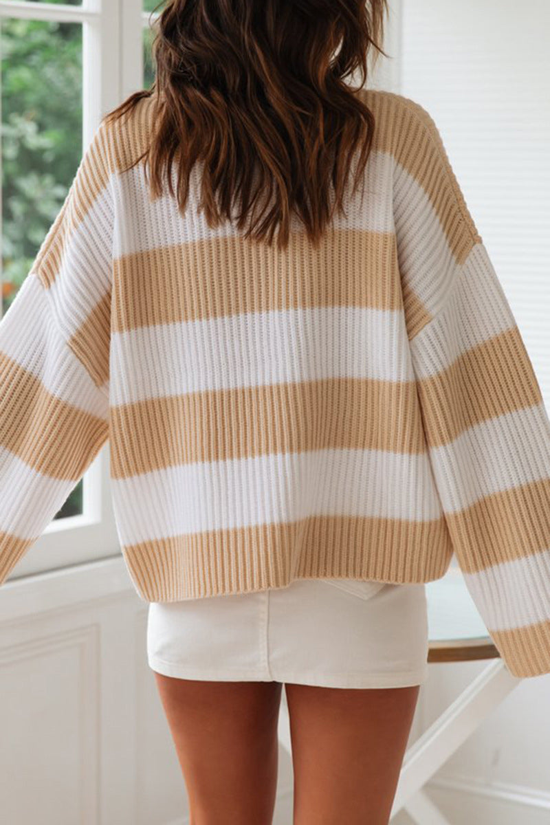 EB | Modische süße gestreifte Kontrast-O-Ausschnitt Pullover