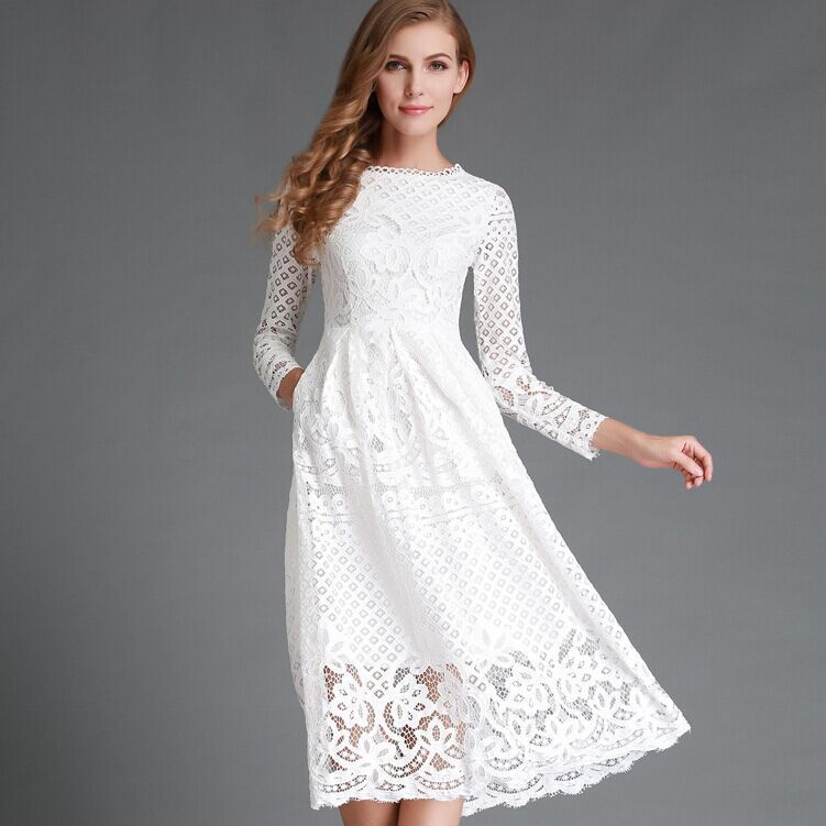 Damen Spitzen Midikleid mit langen Ärmeln und floralem Detail EB