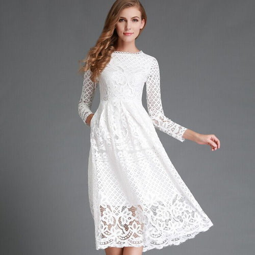 Damen Spitzen Midikleid mit langen Ärmeln und floralem Detail EB