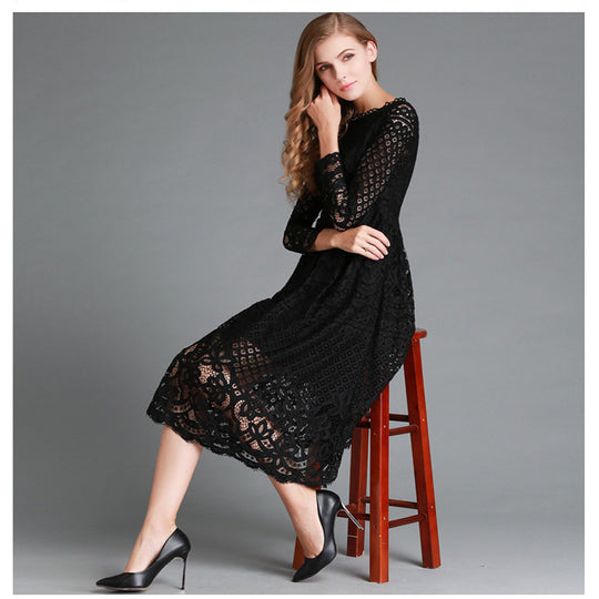 Damen Spitzen Midikleid mit langen Ärmeln und floralem Detail EB
