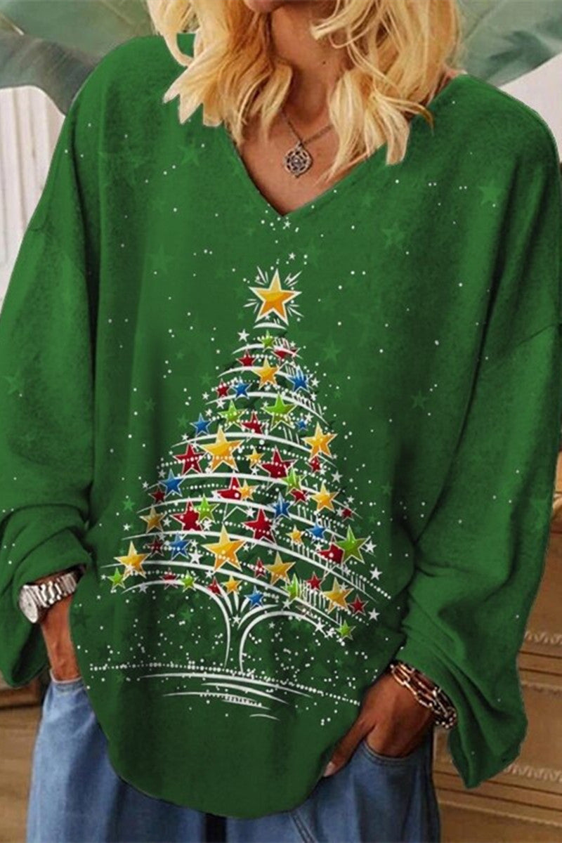 EB | Lässige Weihnachtsbaum gedruckte Patchwork V-Ausschnitt Tops