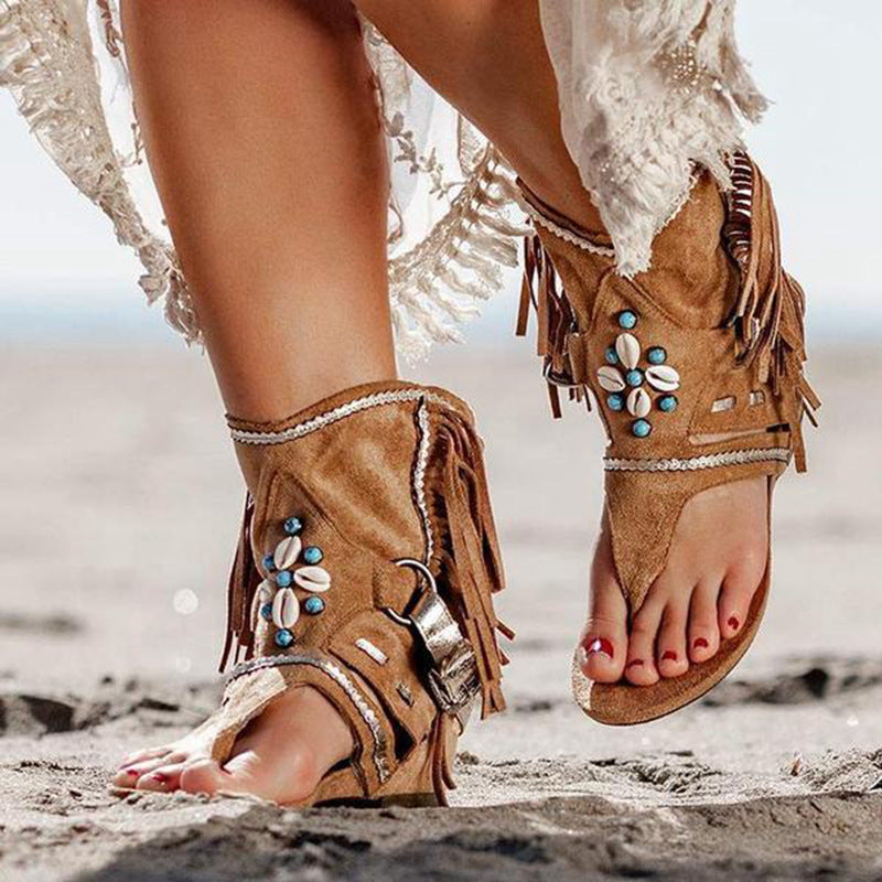 Damen Freizeitsandalen mit Fransen und detailreicher Dekoration EB