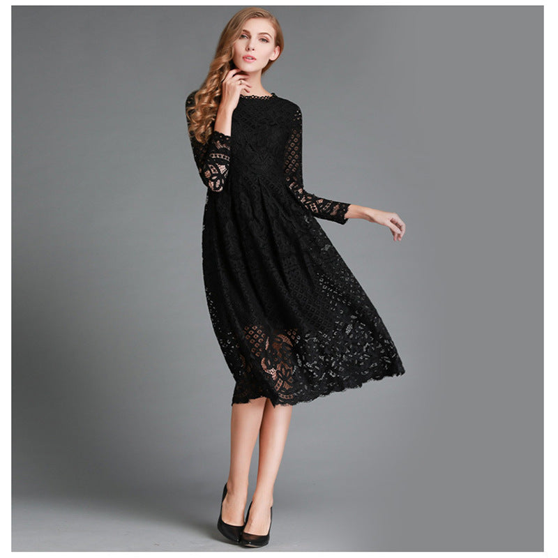 Damen Spitzen Midikleid mit langen Ärmeln und floralem Detail EB