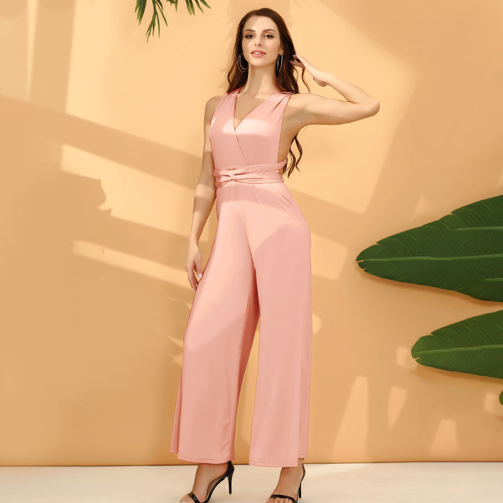 Damen Eleganter Jumpsuit mit Tiefem V-Ausschnitt und Innovativer Wickeloptik EB