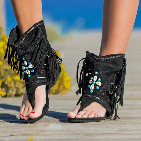 Damen Freizeitsandalen mit Fransen und detailreicher Dekoration EB