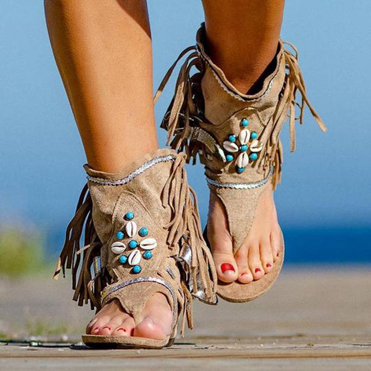 Damen Freizeitsandalen mit Fransen und detailreicher Dekoration EB