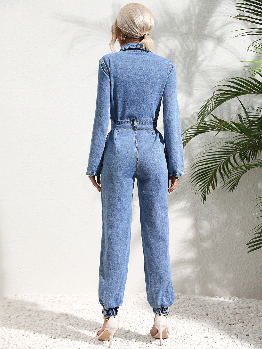 EB | Denim Overall Knopfront Klappentaschen Passender Gürtel Gekrempelte Ärmel