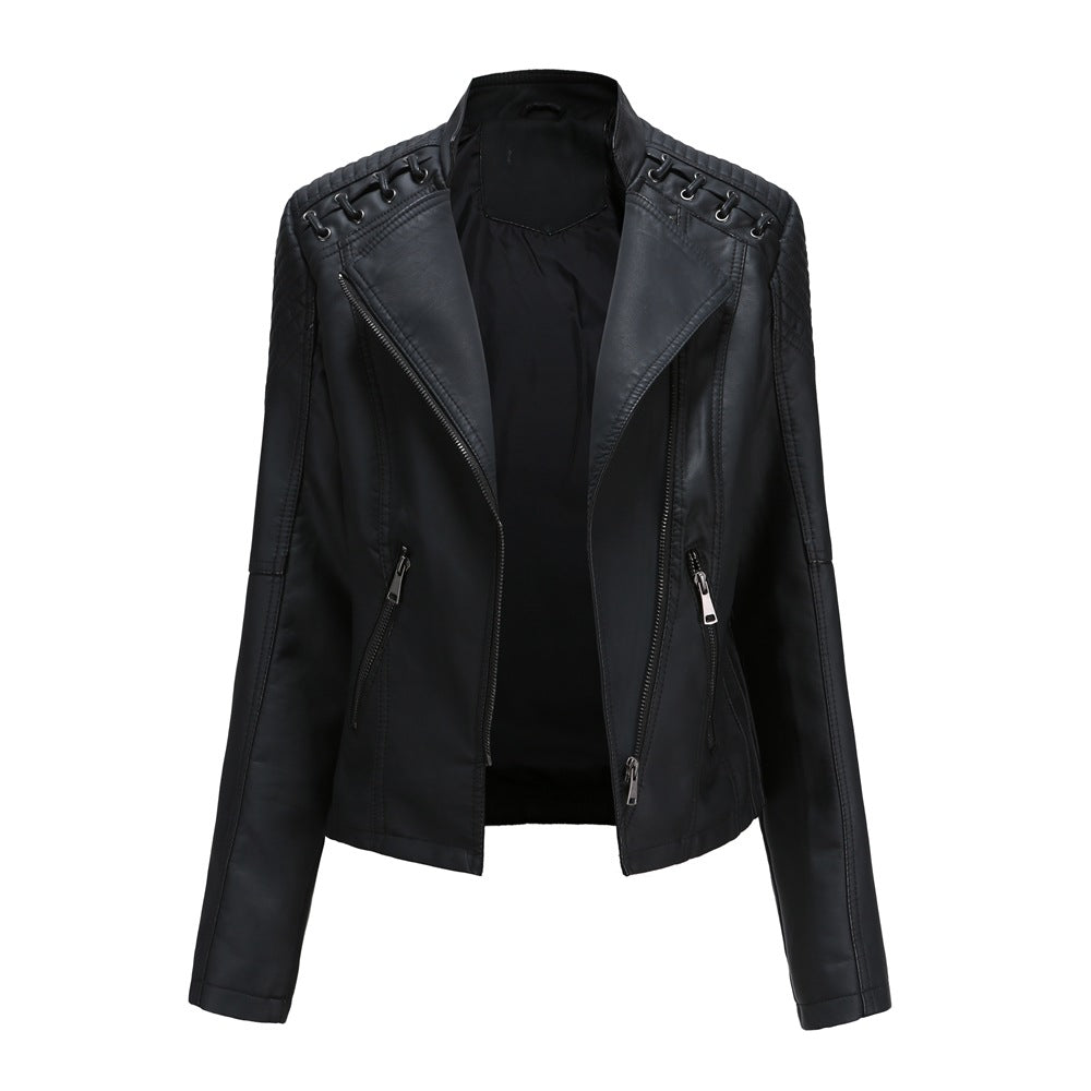 Damen nan kurze Bikerjacke aus Kunstleder mit dekorativen Ösenschnürungen an den Schultern EB