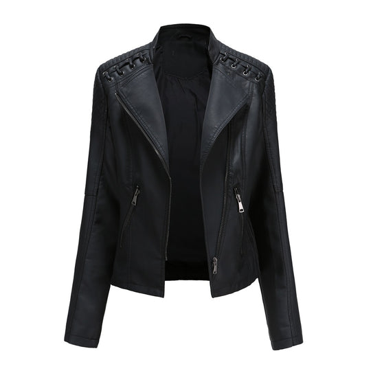 Damen nan kurze Bikerjacke aus Kunstleder mit dekorativen Ösenschnürungen an den Schultern EB