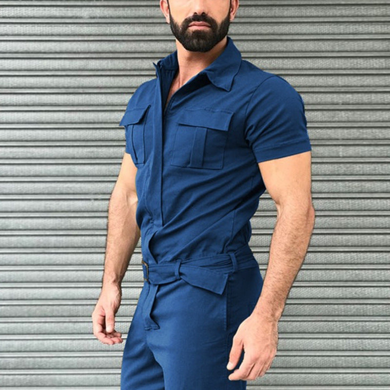 Herren nan Kurzarm-Arbeits-Overall mit Taillengürtel und Brusttaschen EB