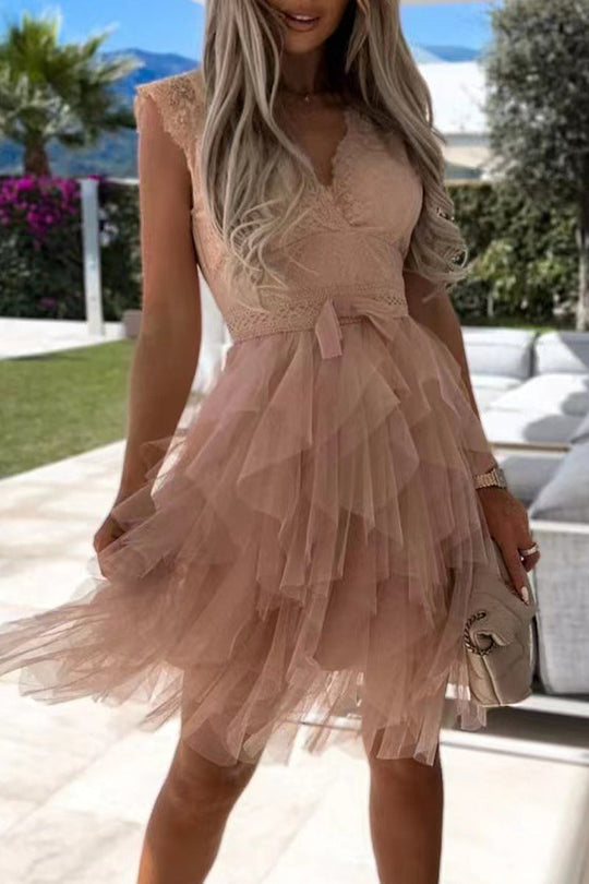 EB | Süß Elegante Einfarbige Mesh V-Ausschnitt Ungleichmäßiges Kleid Kleider- 3 Farben