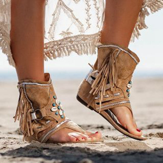 Damen Freizeitsandalen mit Fransen und detailreicher Dekoration EB