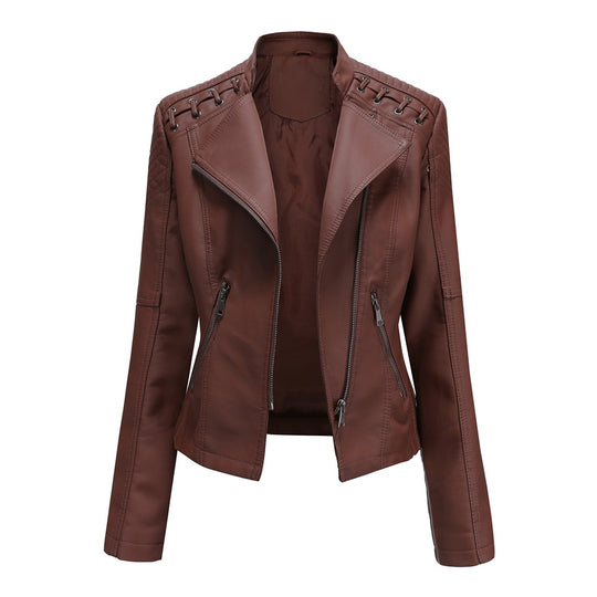 Damen nan kurze Bikerjacke aus Kunstleder mit dekorativen Ösenschnürungen an den Schultern EB