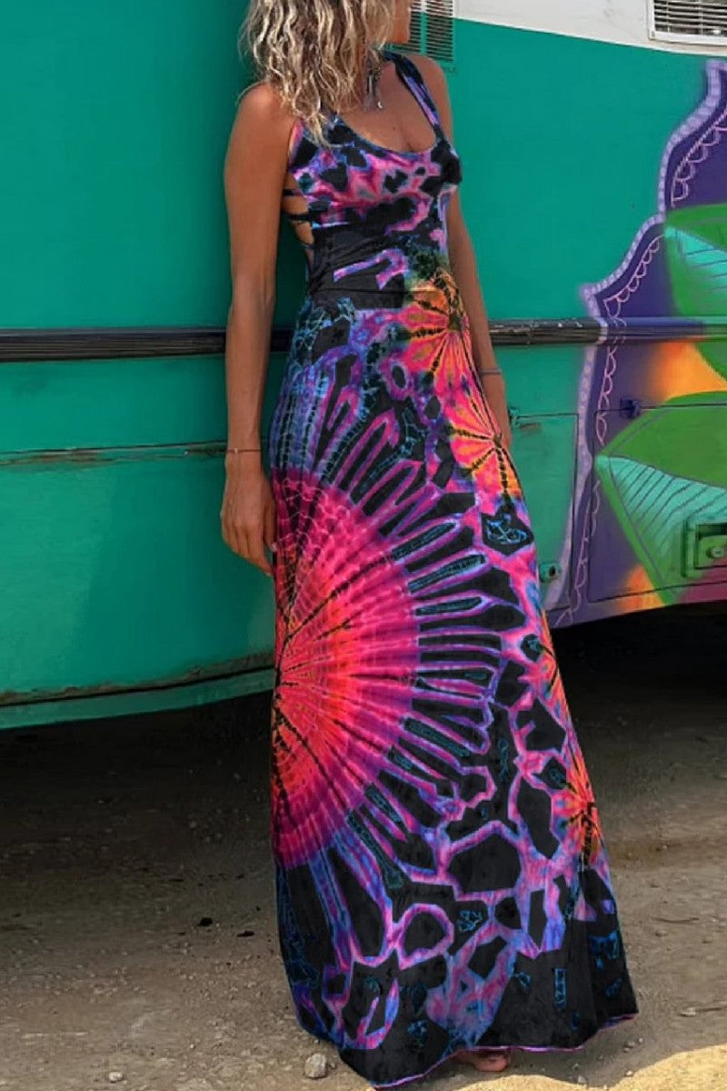EB | Lässiges Print Rückenausschnitt U Neck Weste Kleid Kleider - 3 Farben