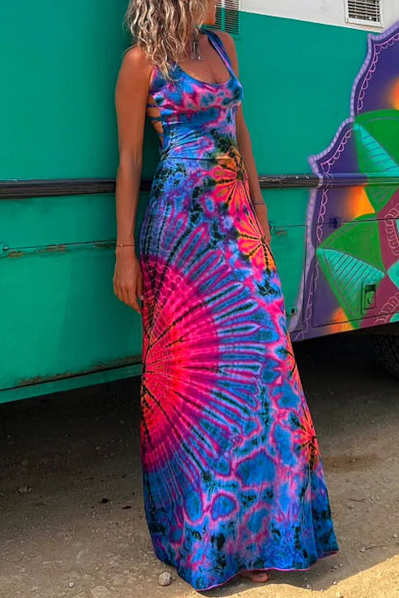 EB | Lässiges Print Rückenausschnitt U Neck Weste Kleid Kleider - 3 Farben
