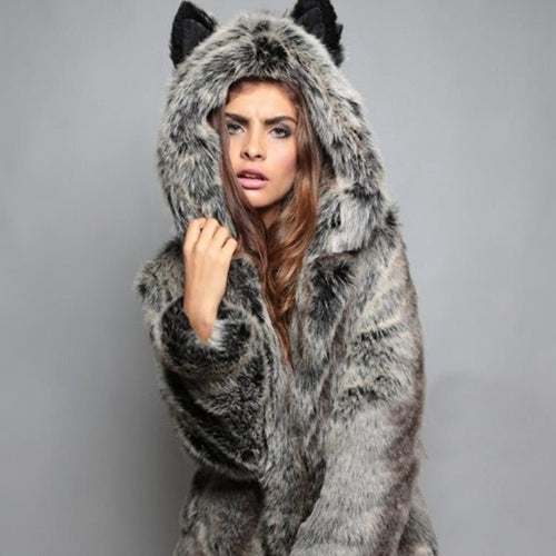 Damen Kuschelige Felljacke mit tierischen Ohren EB