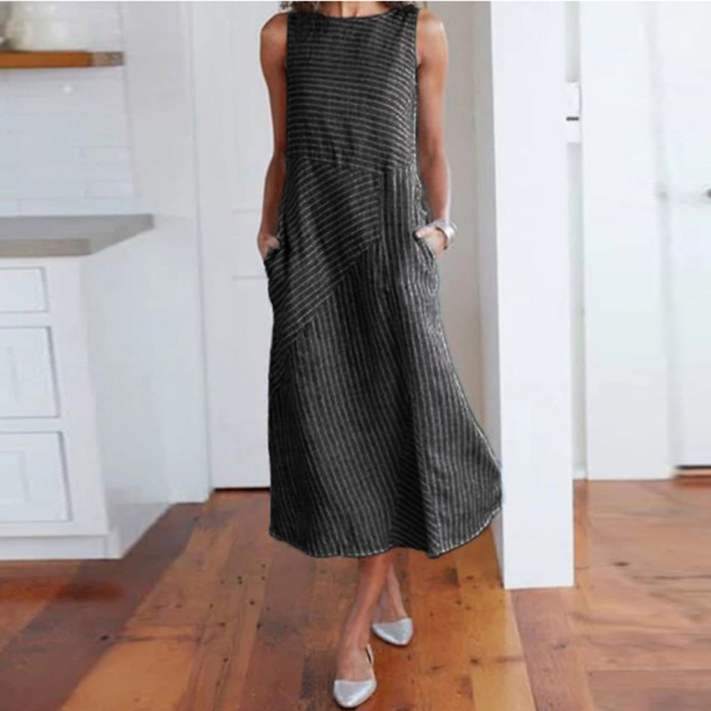 Damen Maxikleid mit Taillenbetonung und schrägem Streifenmuster EB
