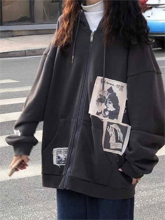 EB | Hoodie mit Gepatchten Bildern Und Reißverschluss