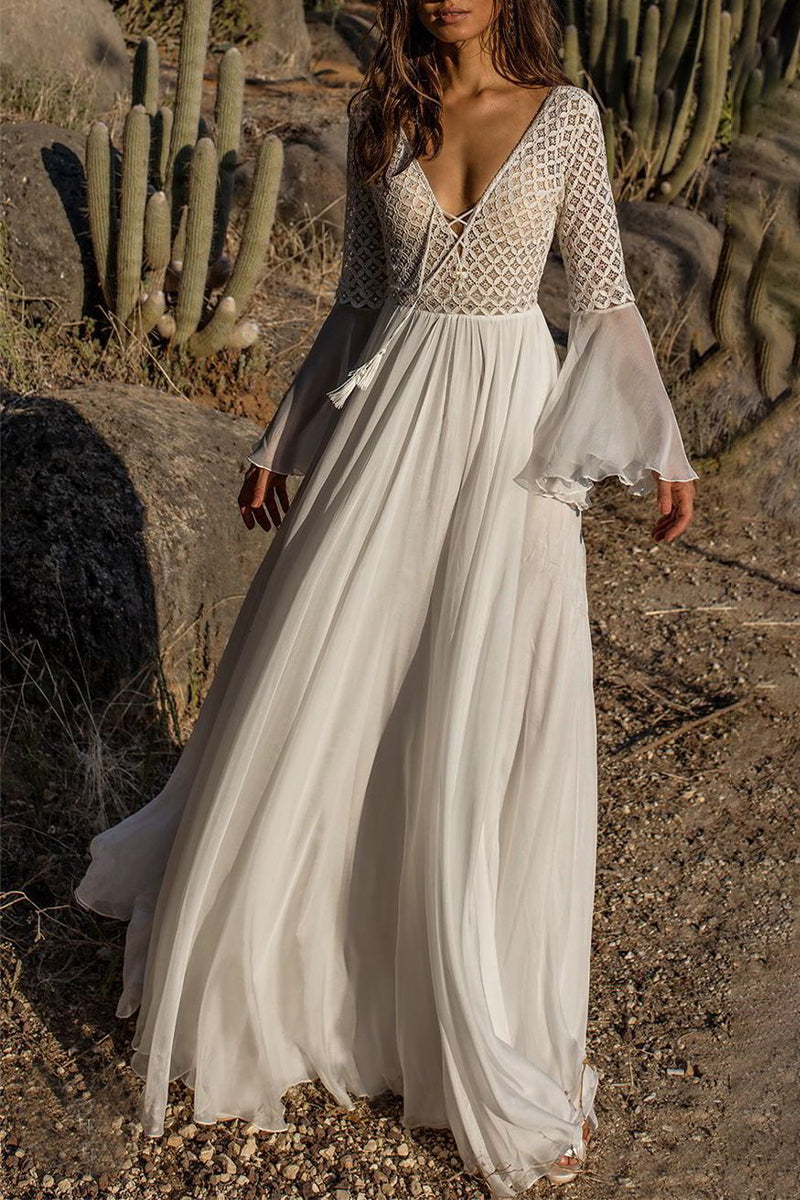 EB | Sexy Einfarbig Spitze V-Ausschnitt Abendkleid Kleider