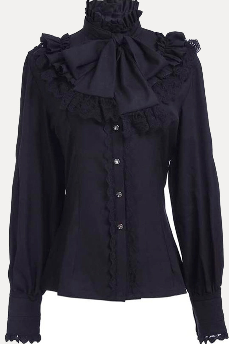 Heidi-Mode | Britischer Stil Einfarbiger Spitzenoberteil mit Schleife Rollkragen
