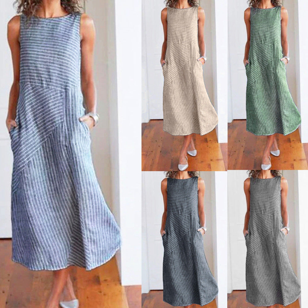 Damen Maxikleid mit Taillenbetonung und schrägem Streifenmuster EB