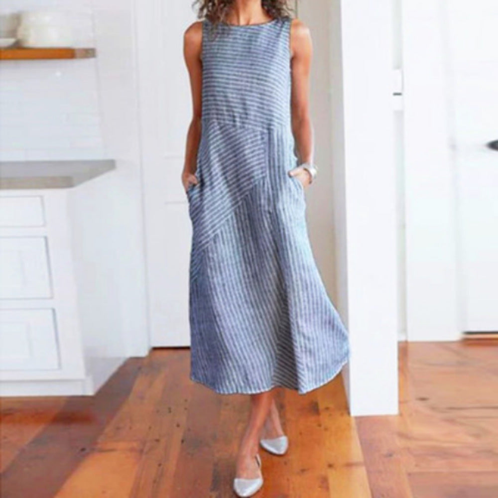 Damen Maxikleid mit Taillenbetonung und schrägem Streifenmuster EB
